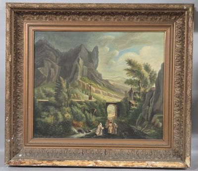 an oil painting of a landscape with a man and a woman in the foreground