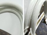 two pictures of a handbag that is white and brown