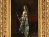 un tableau représentant une femme en robe bleue tenant une épée