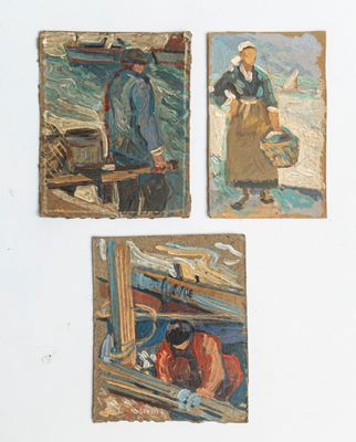 three paintings of people on a white surface with a boat in the background