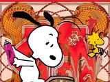 snoop on a skateboard in front of a red background with other cartoon characters