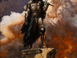 un tableau représentant un chevalier debout au sommet d'un rocher, une épée à la main