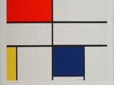 a painting of red, yellow, blue and black squares on a white background