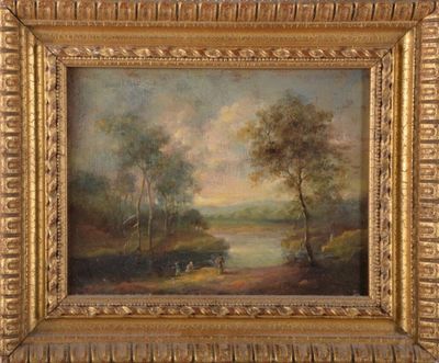 an oil painting of a landscape with a river in the foreground