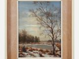 un tableau représentant un paysage enneigé avec un arbre au premier plan