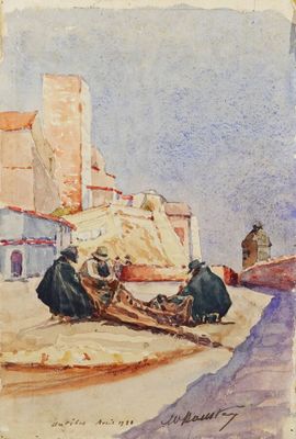 tableau représentant un couple assis sur un bateau sur une plage