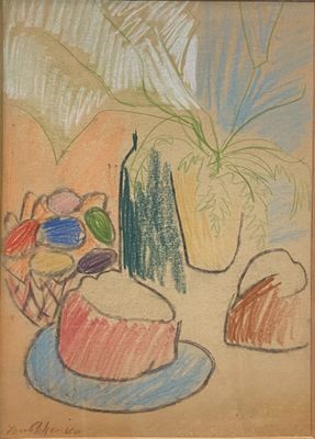 tableau représentant une nature morte composée de fruits et de légumes disposés dans une assiette