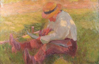 painting of a man sitting in a field reading a book