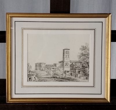 dessin représentant une vue d'une ville avec une tour horloge en arrière-plan