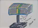 dessin représentant une boîte posée sur un socle, sur laquelle est inscrite une citation