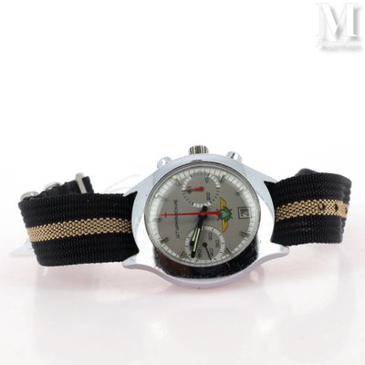 a silver watch with a black band on a white surface