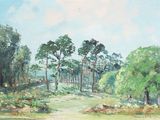 une peinture d'un chemin de terre avec des arbres en arrière-plan