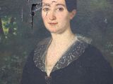 painting of a woman in a black dress with a bird perched on her shoulder