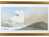 tableau représentant un voilier sur une mer agitée, avec des oiseaux volant au-dessus de lui