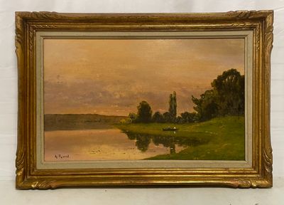 une peinture à l'huile représentant un paysage avec un lac au premier plan et des arbres à l'arrière-plan