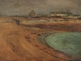 une image représentant un tableau d'un chemin de terre près d'un plan d'eau