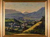 an oil painting of a view of a valley with mountains in the background