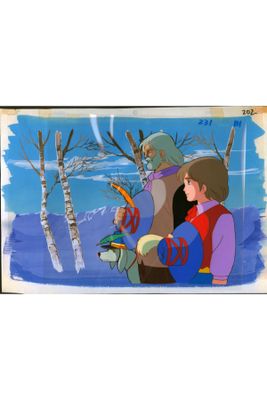 painting of a man and a woman in the woods with a bird