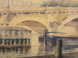 a watercolor painting of a bridge over a river