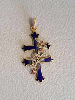 Croix de Lorraine en or jaune 18K 750 millièmes, émaillée bl… - Photo 1