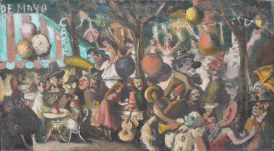 une peinture à l'huile représentant une foule dans un cirque