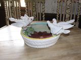 two white birds that are sitting in a bowl on a table