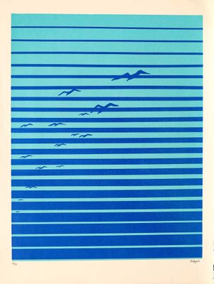 an image of a painting of birds flying in the sky