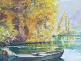 an oil painting of a boat on a river with trees in the background