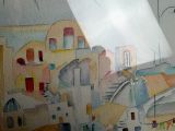 a painting of a view of a town from a window