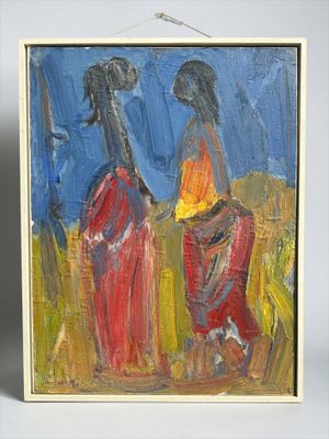an oil painting of two women standing in a field with a blue sky in the background