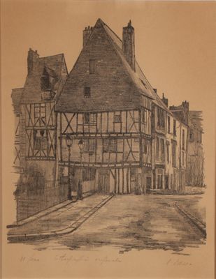 dessin d'un vieux bâtiment avec une horloge sur sa façade
