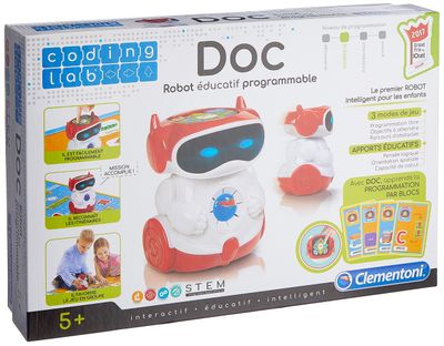La boîte est blanche et rouge, avec l'image d'un robot.