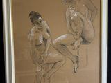 dessin représentant un couple de nus assis sur un tabouret devant un miroir
