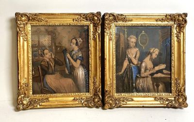 two paintings of a woman and a man are shown in a gold frame