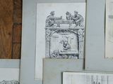 many drawings of people sitting at a table in front of a fireplace