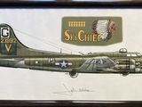 peinture représentant un vieil avion de la Seconde Guerre mondiale portant une plaque d'immatriculation
