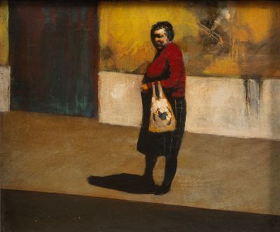 tableau représentant un homme avec un sac, debout devant un immeuble