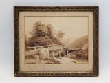 an old picture of a painting of a bridge over a river
