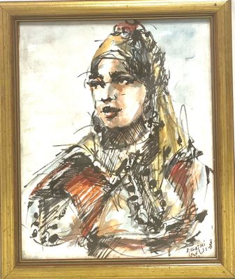 tableau représentant une femme coiffée d'une coiffe, dans un cadre doré