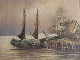 une peinture représentant un bateau sur un plan d'eau