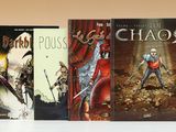 trois livres posés sur une surface blanche avec un fond marron