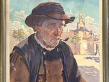 une peinture à l'huile représentant un homme coiffé d'un chapeau et tenant une pipe