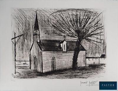 dessin représentant une église avec un arbre au premier plan et une éolienne à l'arrière-plan