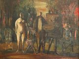 une peinture à l'huile représentant un homme debout devant un chevalet