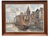 a painting of a boat in a harbor with buildings in the background