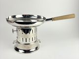 an image of a silver plate with a wooden handle on a white background