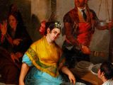 painting of a man and woman cooking food in a kitchen with other people