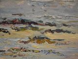 an oil painting of a beach scene with waves crashing on the shore