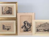 a group of four framed pictures of people on a boat