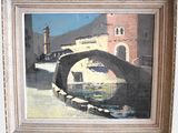 a painting of a bridge over a body of water